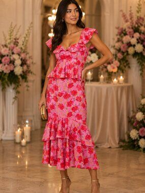 Show Me Your Mumu Pink Floral Satin Ruffle Maxi Dress Sz XL